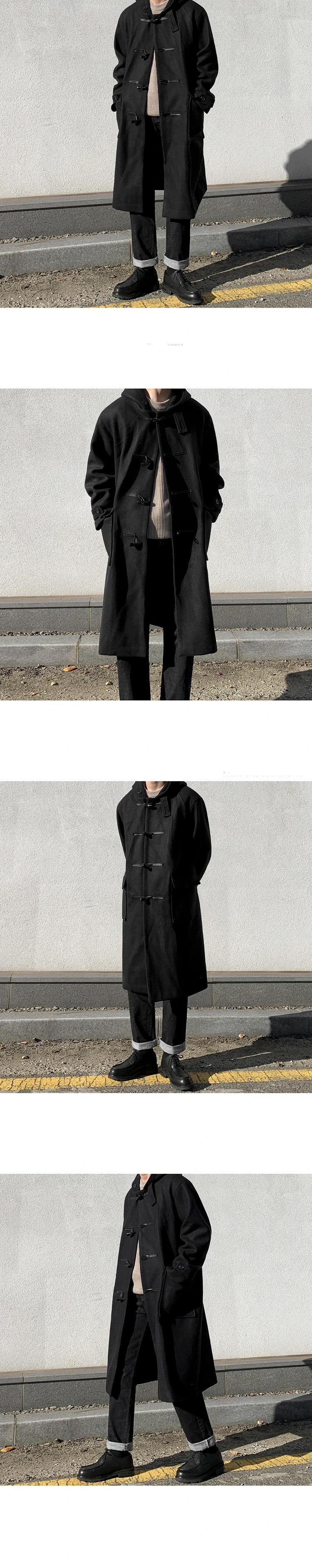 Description Picture 4 of itemMen's Hooded Horn Button Woolen Overcoat Korean Loose Windproof Long Lapel Trench Coats Male Solid Casual Daily Woolen Coat New