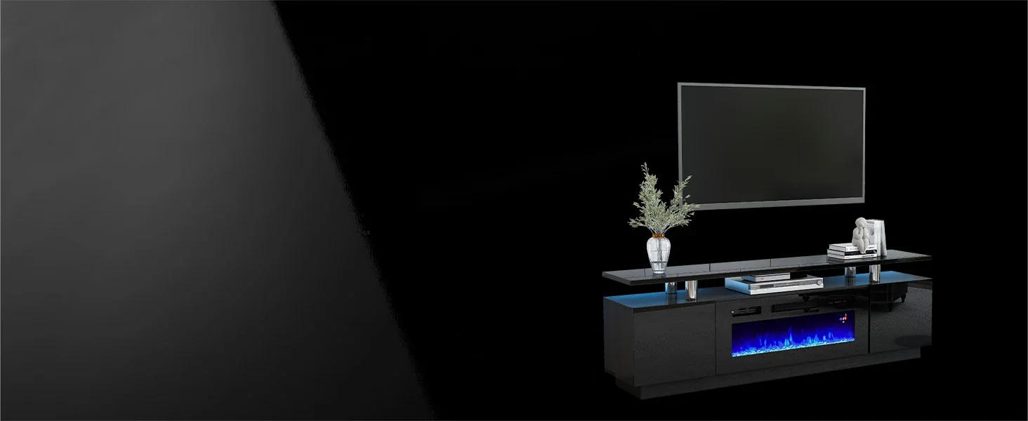 Description Picture 3 of itemTV Stand with Fireplace and Bookshelves, 2-Tier Fireplace TV Stand, 2 X Wall Cabinets & 2 X End Tables, LED Lights TV Console