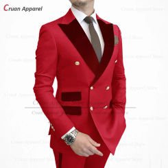 Red Men Suit Slim fit Business Wedding Tuxedos for Men Fashion Burgundy Velvet Lapel Jacket Vest Pants 3 Pieces Tailor-made Set
