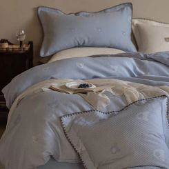 2024 New Four-piece Bedding Simple Cotton Double Household Bed Sheet Letter Pattern Quilt Cover Comfortable Bedding Light Blue