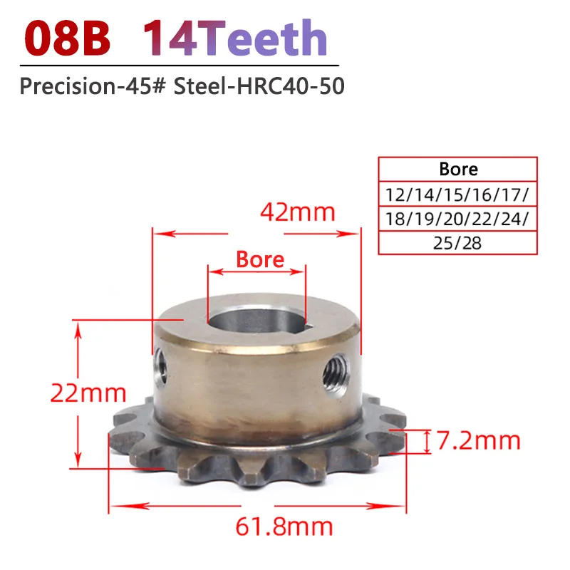 Description Picture 3 of item1pc 08B 14T Precision Industrial Drive Sprocket Wheel 45# Steel 14 Teeth Chain Gear Bore 12/14/15/16/17/18/19/20/22/24/25/28mm