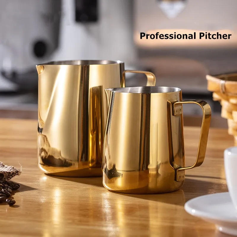 Description Picture 2 of item304 Stainless Steel Milk Frothing Pitcher Coffee Milk Foam Jar Coffee Milk Foam Can Coffee Shop Latte Accessories Blue And Gold