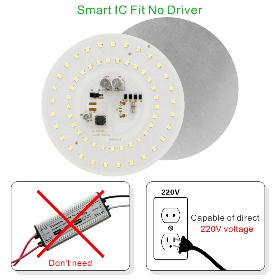 Description Picture 6 of itemLED Round Chip 55W 45W 38W 28W 18W 14W 10W 5W for Light Bulb 2835SMD DOB Light Beads AC 220V No Flicker Bulb Chips Lighting Lamp