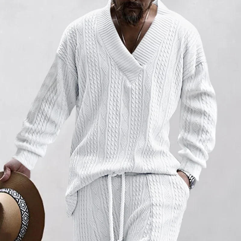 Description Picture 6 of itemAutumn/Winter New European and American Men's Jacquard Loose Knitted Solid Color Casual V-neck Long Sleeved Knitted Shirt