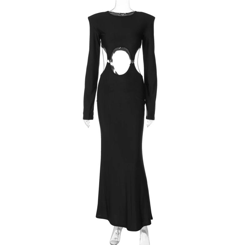 Description Picture 3 of itemHugcitar Fashion Solid Long Sleeve Shoulder Pads Hollow Out Loop Sexy Slim Maxi Prom Dress Summer New Outfit Vacation Nightclub