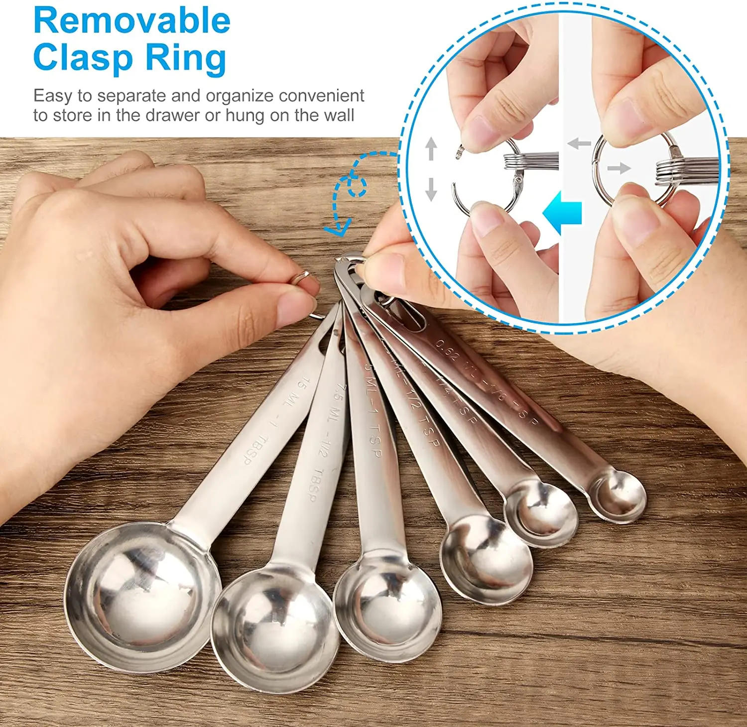 Description Picture 5 of itemStainless Steel Measuring Spoons Cups Set Small Tablespoon with Bonus Leveler Etched Markings Removable Clasp Kitchen Gadgets