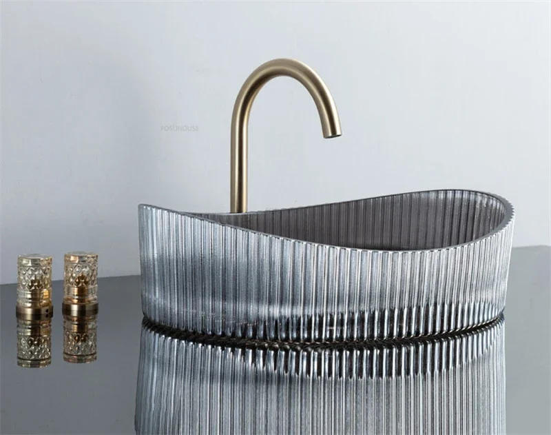 Description Picture 4 of itemLight Luxury Crystal Bathroom Sinks Oval Transparent Washbasin Creative Above Counter Basin Italian Household Hotel Single Basin