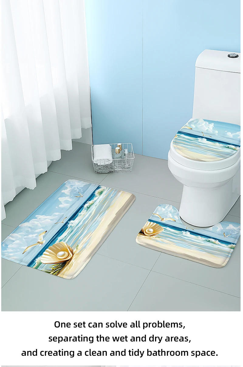 Description Picture 5 of itemWashable 3-Piece Bathroom Rug Set Non-Slip Ocean Theme Toilet Mat Bathtub Foot Pad Door Mat Flannel Decor with Shell Print