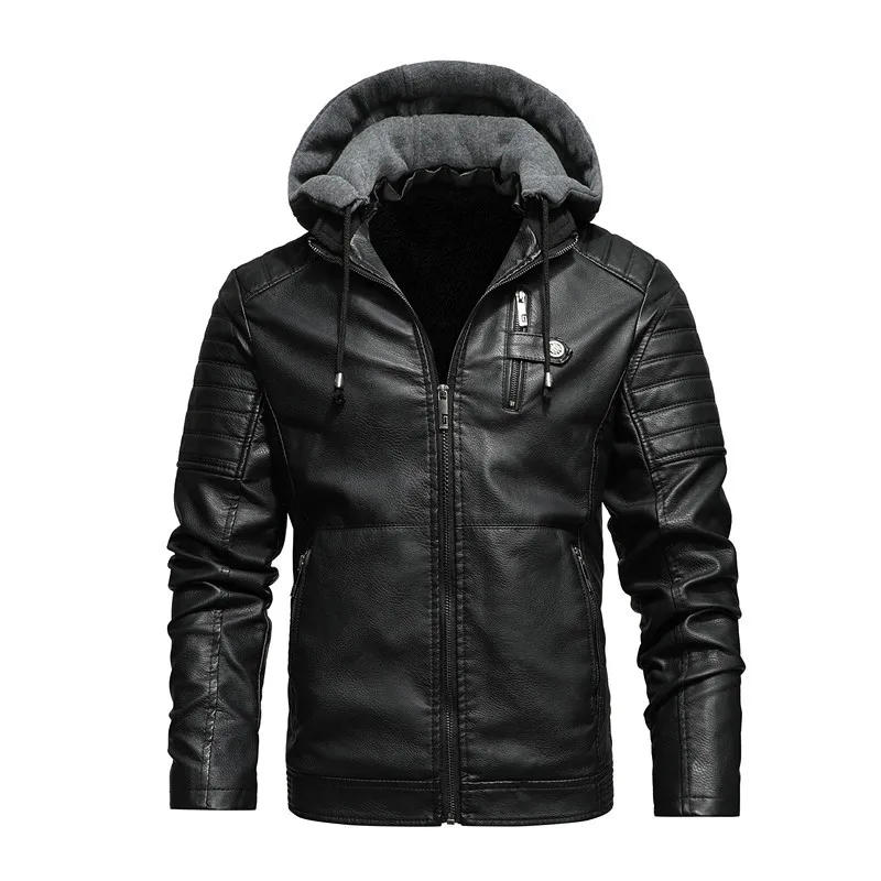 Description Picture 6 of itemFleece Faux Leather Jacket Men Solid  Autumn Winter Slim Fit Hooded Men's PU Coat New Fashion Windproof Plus Size L-5XL FX-1002