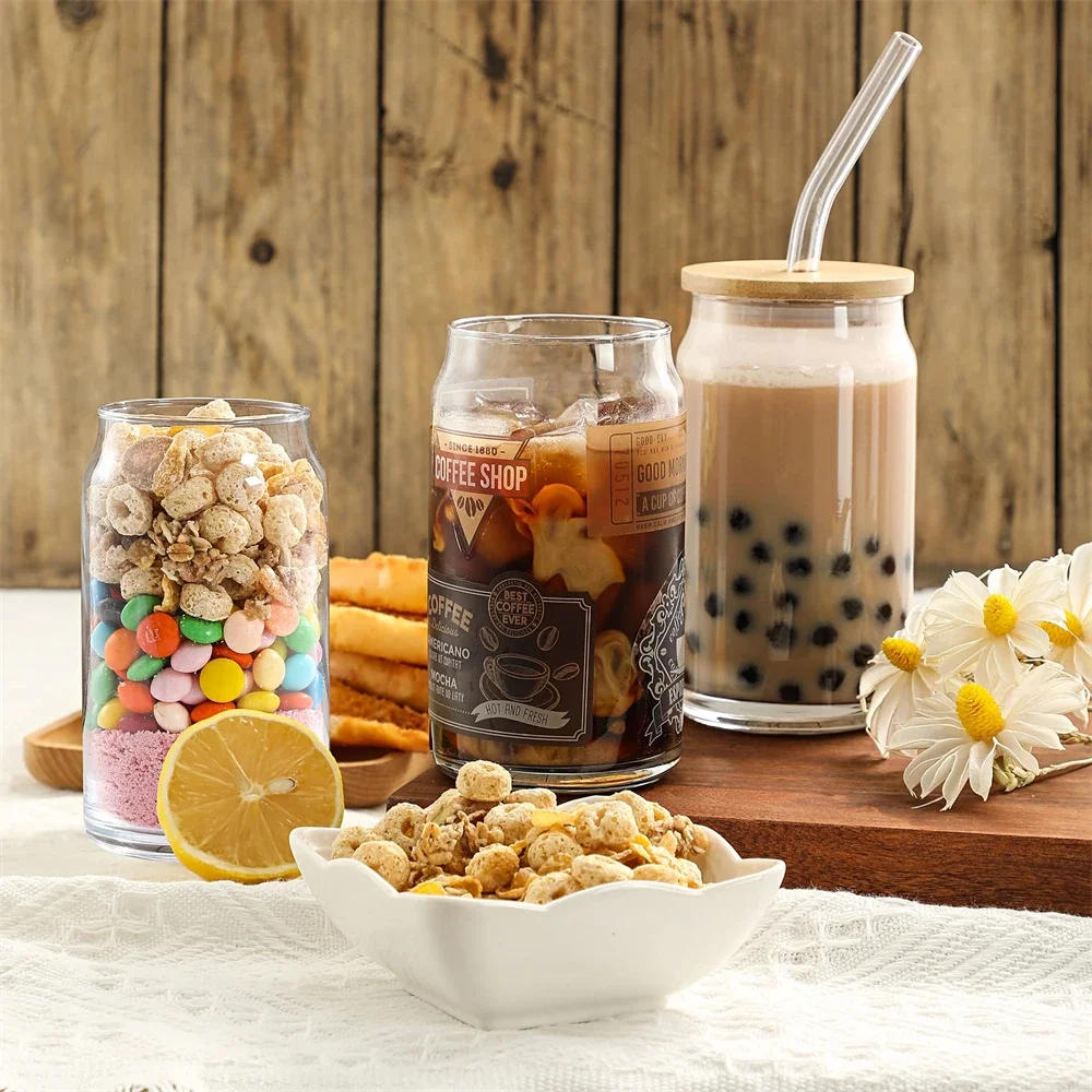 Description Picture 5 of item500ml Glass Cup with Lid and Straw Bubble Tea Cup Juice Glass Beer Can Milk Mocha Cups Breakfast Mug Drinkware Transparent Cup