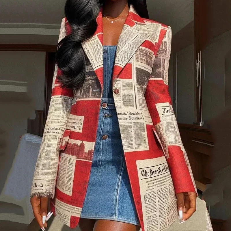 Description Picture 4 of itemGymystars Blazer Outerwear for Women Winter Jackets Fashion Autumn Newspaper Print Buttoned Pockets Notched Collar Coats Female