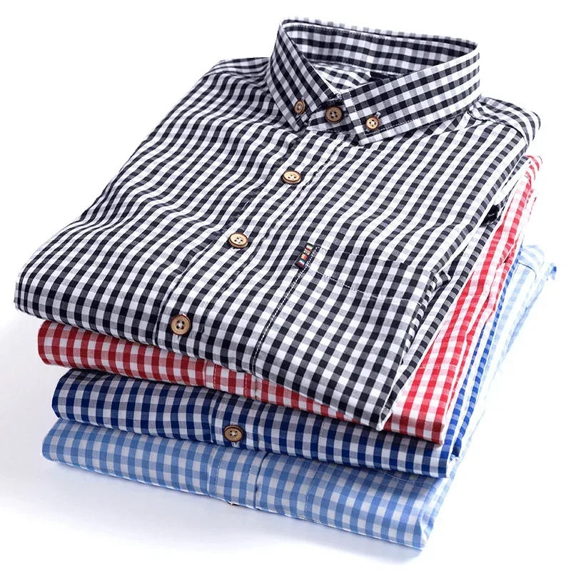 Description Picture 2 of itemQuality Thin 100% Cotton Plaid Shirts for Men Long Sleeve Regular Fit Checkered Dress Shirt Mens Blue New Soft Comfortable Male