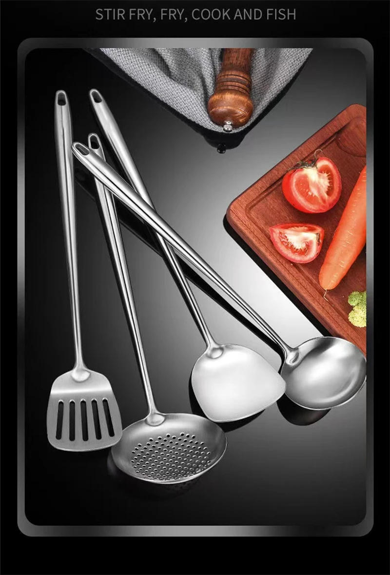 Description Picture 6 of item304 Stainless Steel Wok Spatula Metal Kitchen Accessories Slotted Turner Rice Spoon Ladle Cooking Tools Utensil Set Dropshipping