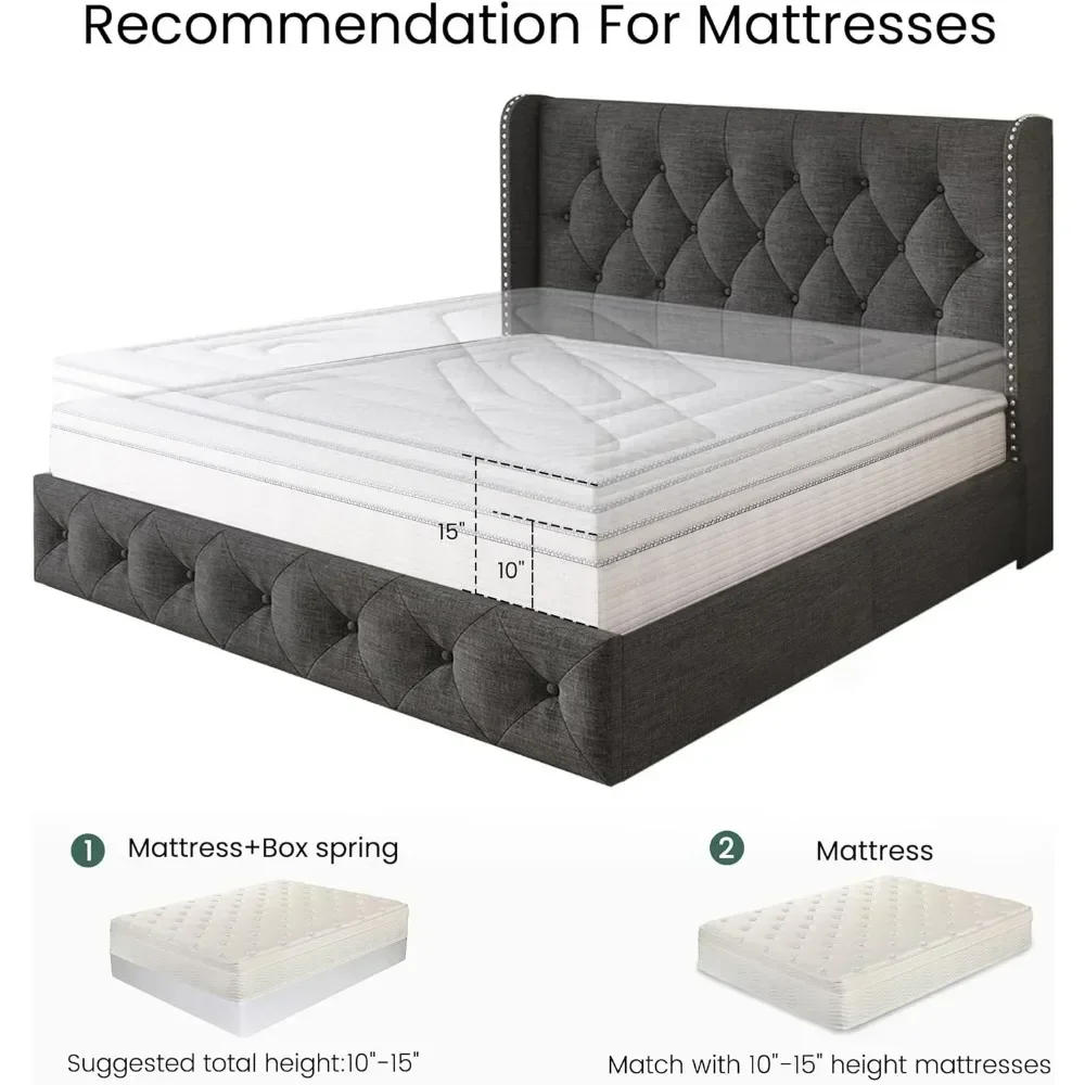 Description Picture 6 of itemBed Frame Linen Upholstered Bed with  Storage Drawers and Wingback Headboard Tufted Platform Beds Frame with Wood Slats Support