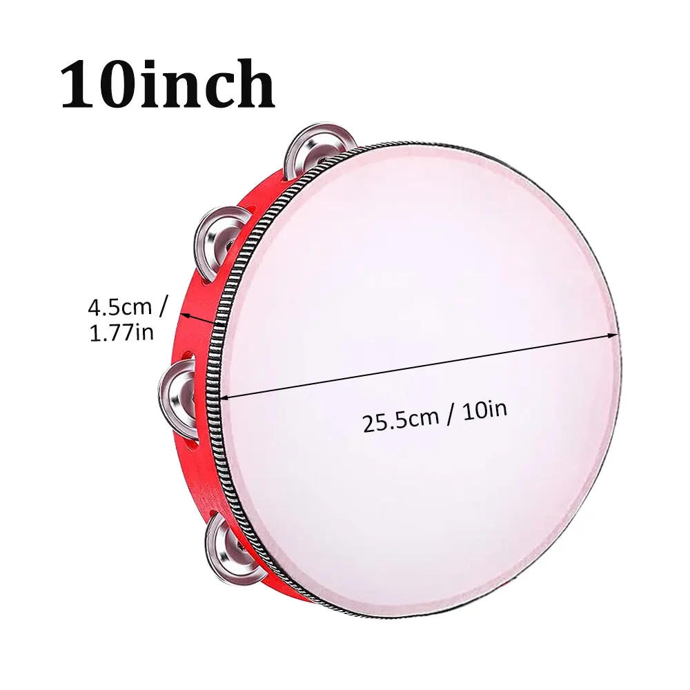 Description Picture 6 of item1Pc Red wooden hand-held tambourines in 4 sizes Single row metal tambourine For church parties Rhythmic percussion instruments