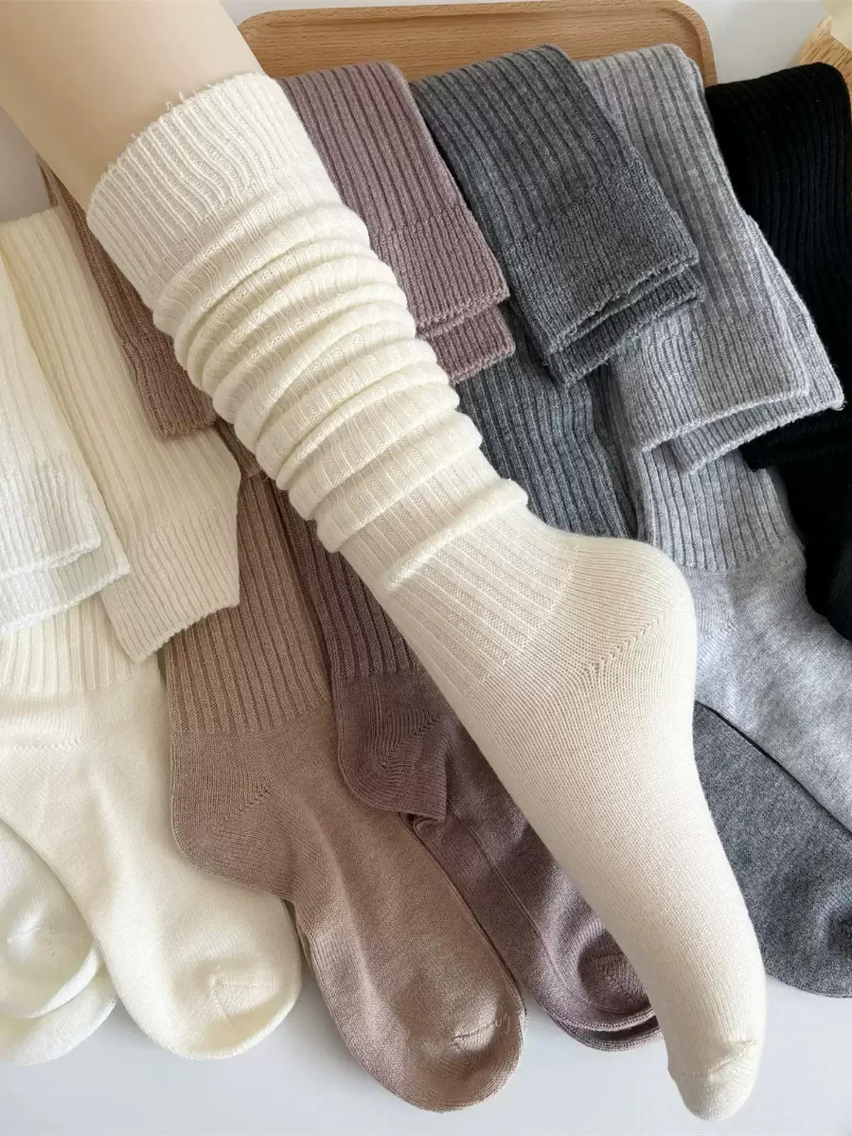 Description Picture 3 of itemSoft Wool Long Socks Women Autumn Winter Cashmere Solid Knitted Stocking Skinny Casual Knee High Fluffy Warm Thicken Girls Socks