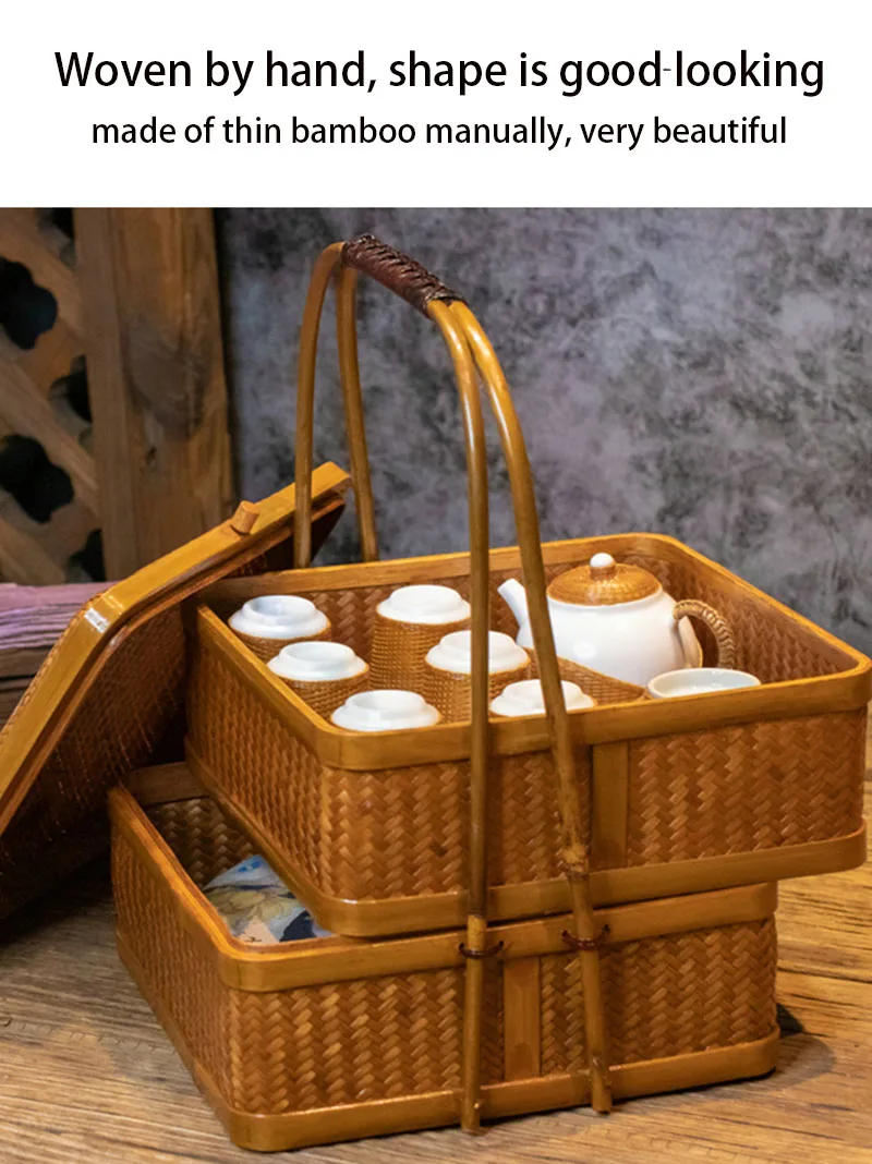 Description Picture 6 of itemVintage Bamboo Handmade Square Rectangle Large Lacquer Basket Tea set Storage Box Handwoven Vintage Environmental Hand Basket