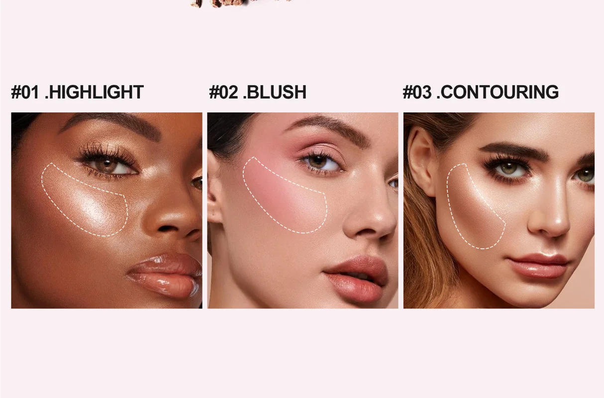 Description Picture 5 of itemNew 3 In 1 Matte Highlighter Contouring Blush Palette Pearly Shiny Eyeshadow Multifunctional Face Makeup Palette Female Cosmetic