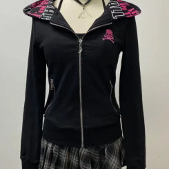 Y2k Punk Skull Embroidery Hoodies Women Vintage Aesthetic Grunge Zipper Sweatshirt Streetwear Slim Tops Female Gothic Jackets