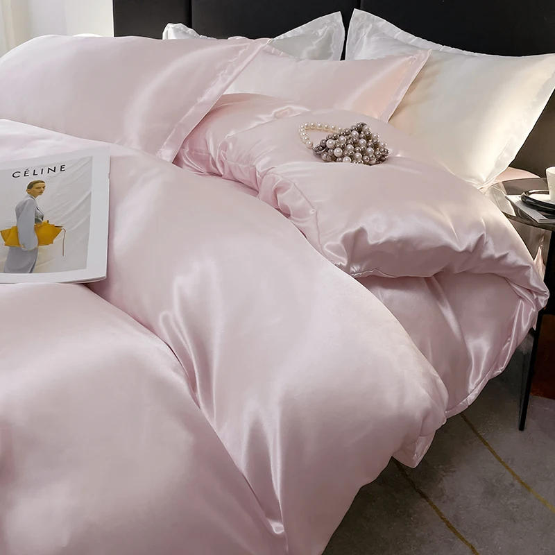 Description Picture 4 of itemNordic Satin Silk Bedding Set with Duvet Cover Bed Sheet Pillowcases Luxury Solid Single Double Couple Pillow Case Bedsheet