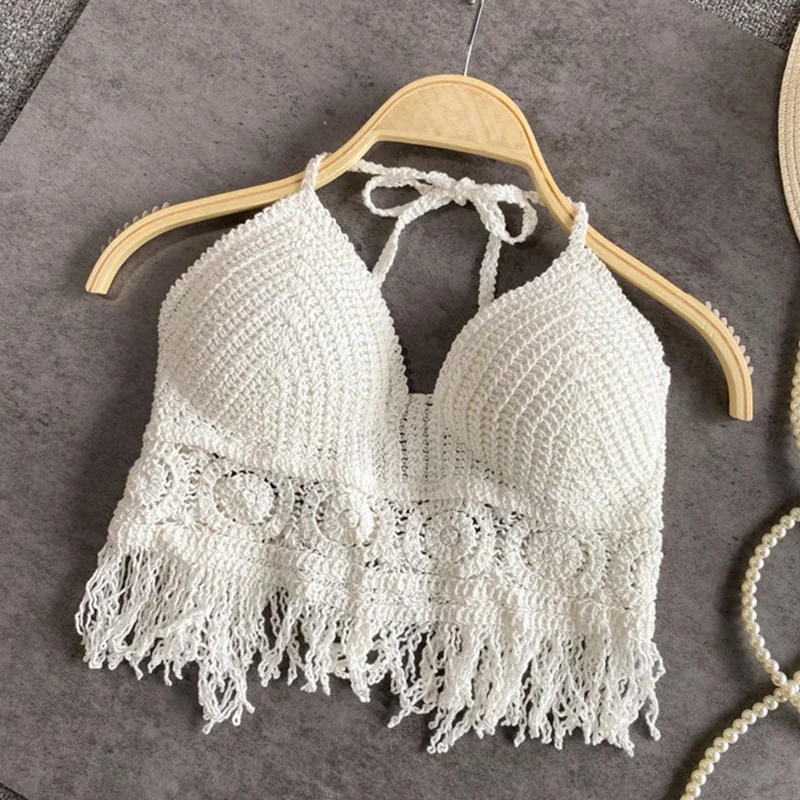Description Picture 2 of itemSexy Hollow Out Underwear Women Summer Beach Short Tank Top Women Sweet Knitted Bra Tassel Women Short Top Debardeur Femme