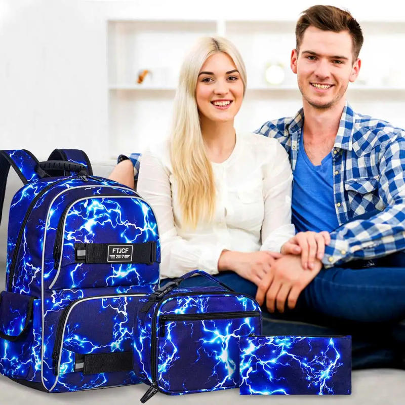 Description Picture 3 of item3PCS Lightning boys Backpack, 16 Inch School Laptop Bookbag Teen College Water Resistant Kids Backpacks with Lunch Box Set Blue