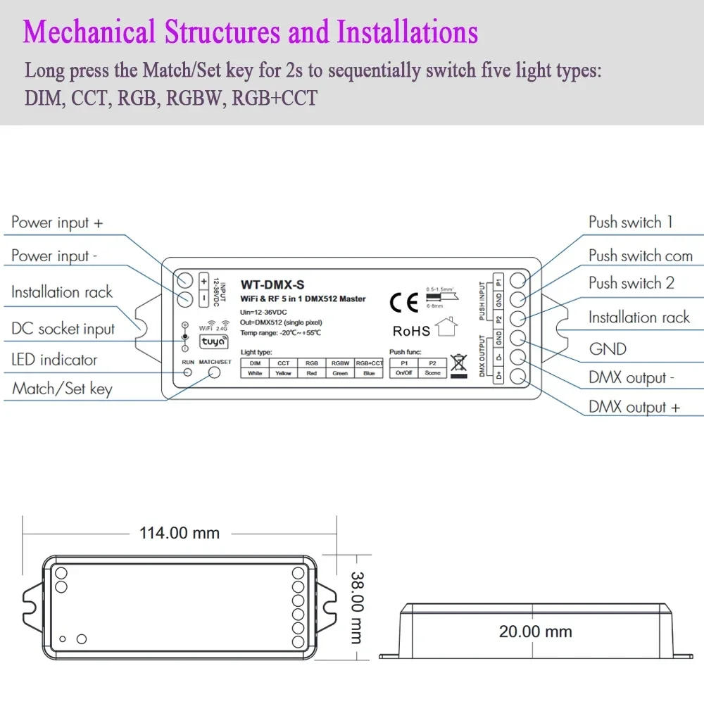 Description Picture 6 of itemWT-DMX-S 5 in1 Tuya WiFi RF DMX512 Master 5CH DMX Signal Output and RT5 Push Dimming Voice Smart Control 4Zone remote Controller