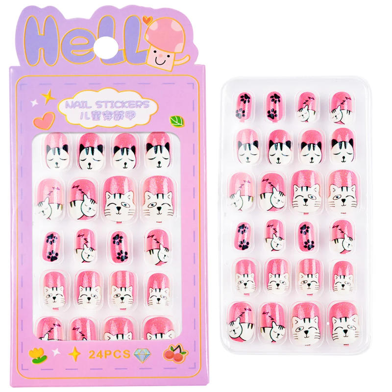 Description Picture 4 of item24Pcs/Box Children False Nails Kids Cartoon Girl Press on Nail Short Artificial Fake Nail Safe Full Cover Acrylic Nail Tips Kits