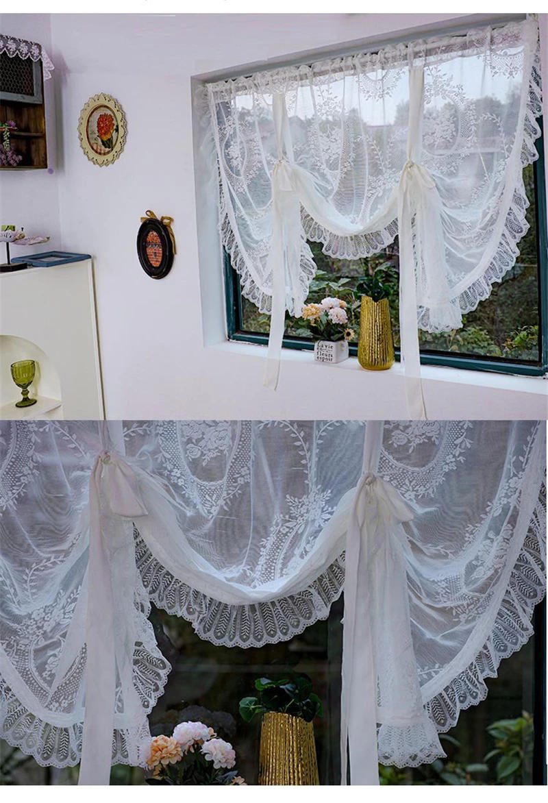 Description Picture 2 of itemKorean Princess White Floral Lace Balloon Lifting Short Tulle Curtain  For Window Door Kitchen Transparent Veil Sheer Custom