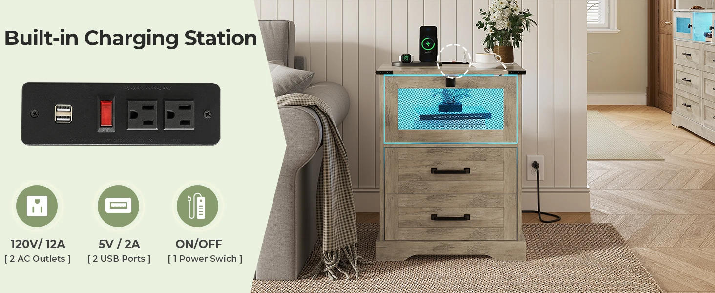 Description Picture 6 of itemRustic Oak Farmhouse Nightstand Set of 2 with LED Lights, Charging Station & Cubby Bedroom Furniture Storage Organizer