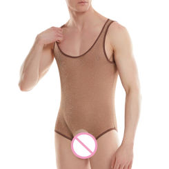 Sexy Men Undershirts Leotard Wetlook Mesh See Through Gay Bodysuits Lingerie Silk Sheer Jumpsuits Slip Homme One-piece Underwear
