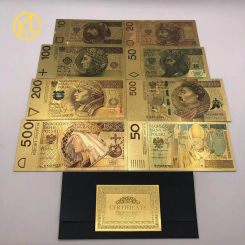 Wholesale 8 Designs Colored Gold Foil Polish Banknote Set 50 100 200 500 PLN for Partriotism Poland Crafts Collection