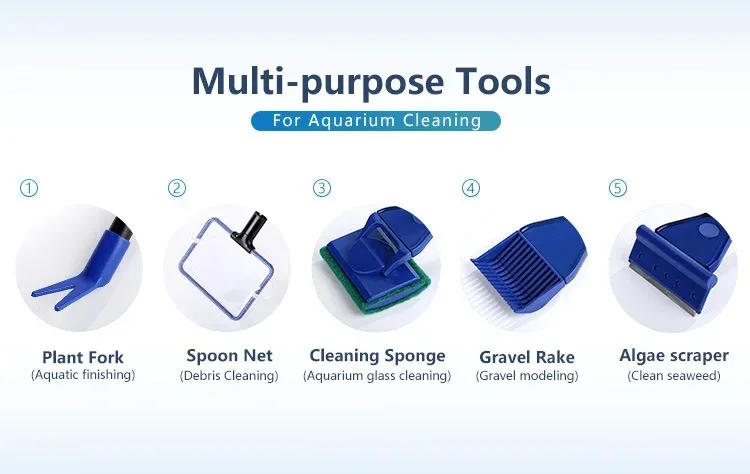 Description Picture 3 of item5 in 1 Multifunction Aquarium Cleaning Tools Fish Net Gravel Rake Algae Scraper Fork Sponge Brush Glass Fish Tank Cleaner Set