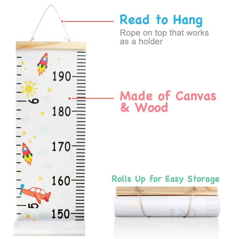 Description Picture 4 of itemChildren Height Measuring Rulers Removable Roll Up Height Measure Chart with Frame Decorative Wall Hanging Baby Growth Chart