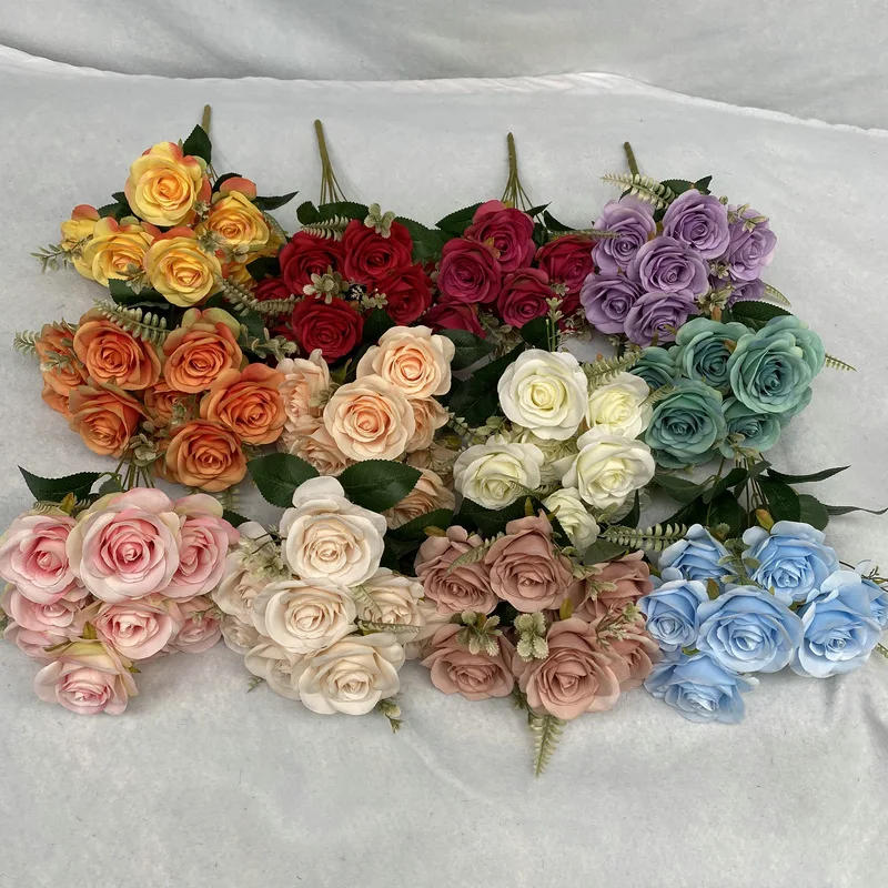 Description Picture 2 of itemHome Decor Simulation Rose Bouquet Silk Fake Flower Hotel Cafe Bar Decoration Red Blue Flowers Artificial Fruit Round Roses
