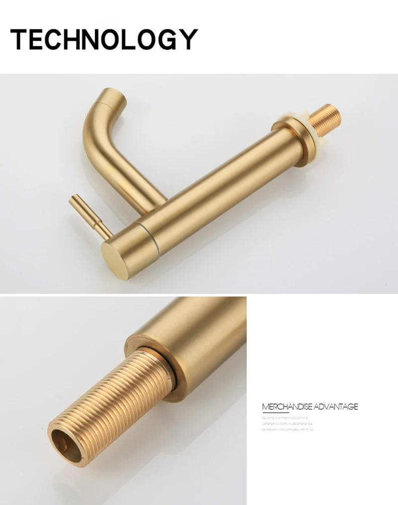 Description Picture 6 of item304 Faucet Home Brushed Gold Stainless Steel Basin Faucet Bathroom Cold Water Faucet Deck Mounted Bathroom Vessel Sink