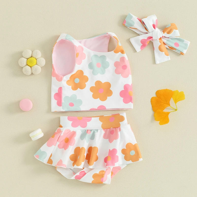 Description Picture 4 of itemBaby Girls Shorts Set Flower Print Sleeveless Crew Neck Tank Top Elastic Waist Shorts with Hairband Summer Outfit