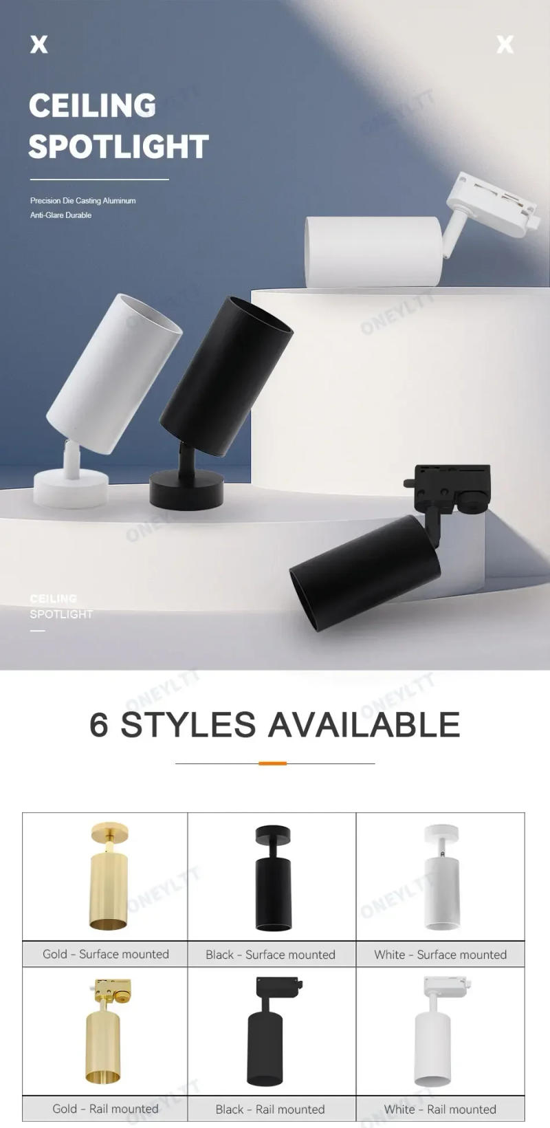 Description Picture 2 of itemSurface mounted LED Ceiling Track Downlight 360 degrees Rotatable White Black Gold Copper Spotlight 6W GU10 Bulb Replaceable