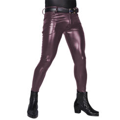 Mens Punk Bodycon Stretchy Slim Trousers Streetwear Male PU Casual Pants High Waist Matte Faux Leather Moto Pants Clubwear