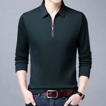 Smart Casual Men's Solid Polo Shirt Spring Autumn New Long Sleeve Zipper Collar Business Fashion Loose Polos Tops Clothing 2024