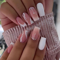 24 PCs Long French Burst Pile Drill Nails with 1 Jelly Gel and 1 Nail File