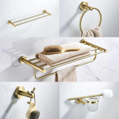 Brushed Gold Stainless Steel Towel Rack Ring, Bathroom Storage Rack, Towel Holder, Toilet Paper Pole, Clothes Hook, Hotel Set,