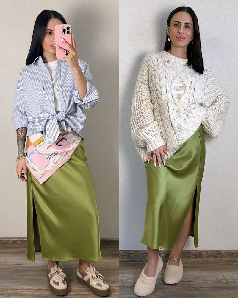 Description Picture 4 of itemMidi Satin Skirts Women Luxury Summer Black Formal Silk Office Skirt With Slit A Line Green Midi Skirt Burgundy Women Elegant