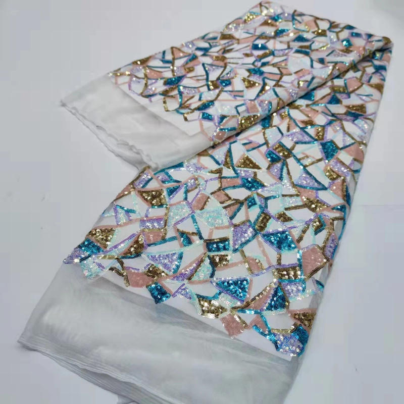 Description Picture 3 of itemApplique African Lace Fabric 2022 High Quality Mesh Lace Multicolor Gold Line Sequins Nigerian Lace Fabrics For Wedding Dress