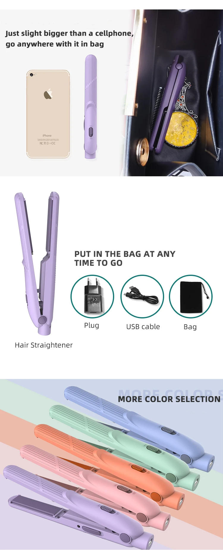 Description Picture 5 of itemTravel Portable Flat Iron Professional Electric Cordless Usb Mini Hair Straightener With Ceramic Coating Plates And Usb Cable