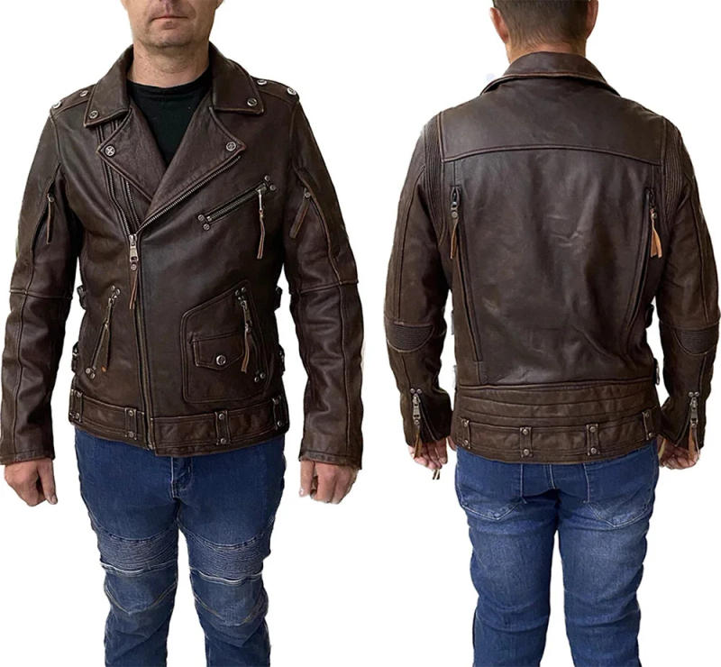 Description Picture 4 of itemVintage Brown Motorcycle Leather Jacket Men Natural Genuine Cowhide Jackets Autumn Slim Fit Biker's Ooblique Zipper Coat