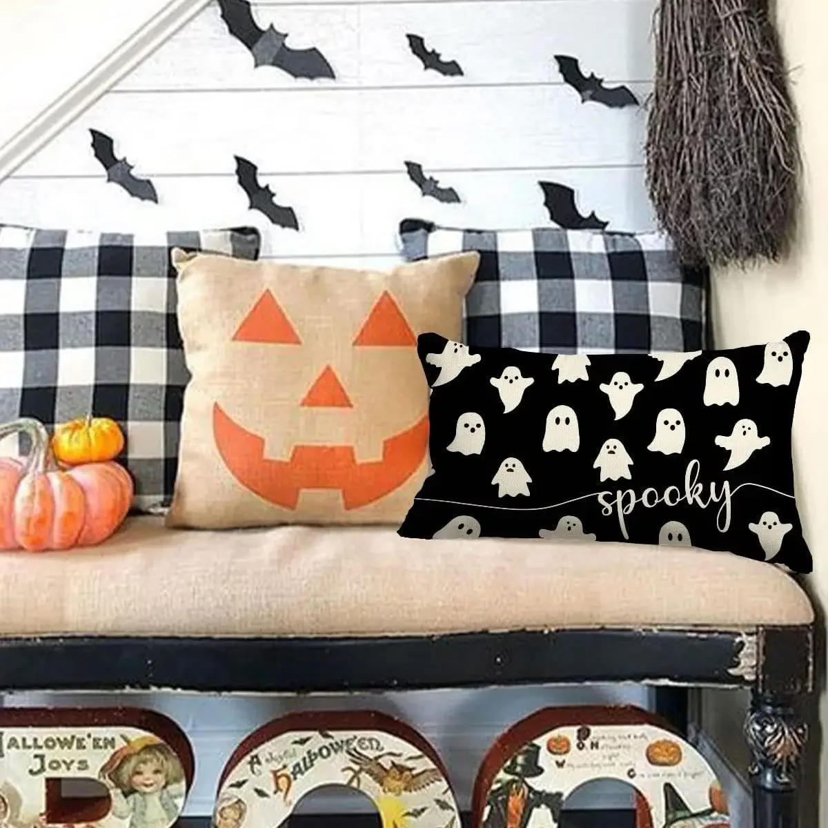 Description Picture 3 of item30x50cm Halloween Cushion Cover, Linen Bats Ghoast Skull Pumpkin Rectangle Pillow Covers ,Cushion Cases for Home Sofa Chair