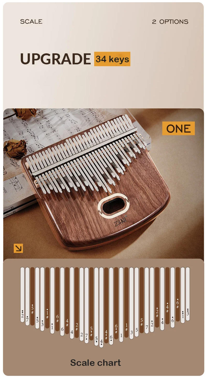 Description Picture 4 of item34 Keys Kalimba Thumb Piano Veneer Beech Wood 34 Key Kalimba Finger Piano Musical Instrument with Storage Box Music Lover Gifts