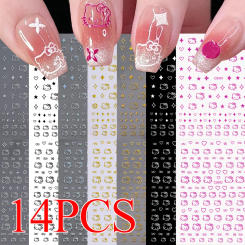 14 sheets Hello Kitty nail stickers 3D Japanese Cartoon KT cute nail decal Kitty Cat /Bow/Heart/Star Back Glue Manicure Sticker#