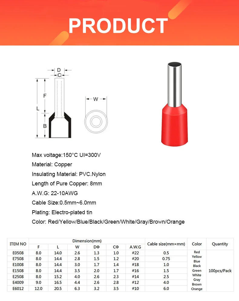 Description Picture 2 of item100pcs/Pack E0508 E7508 E1008 E1508 E2508 Insulated Ferrules Terminal Block Cord End Wire Connector Electrical Crimp Terminator